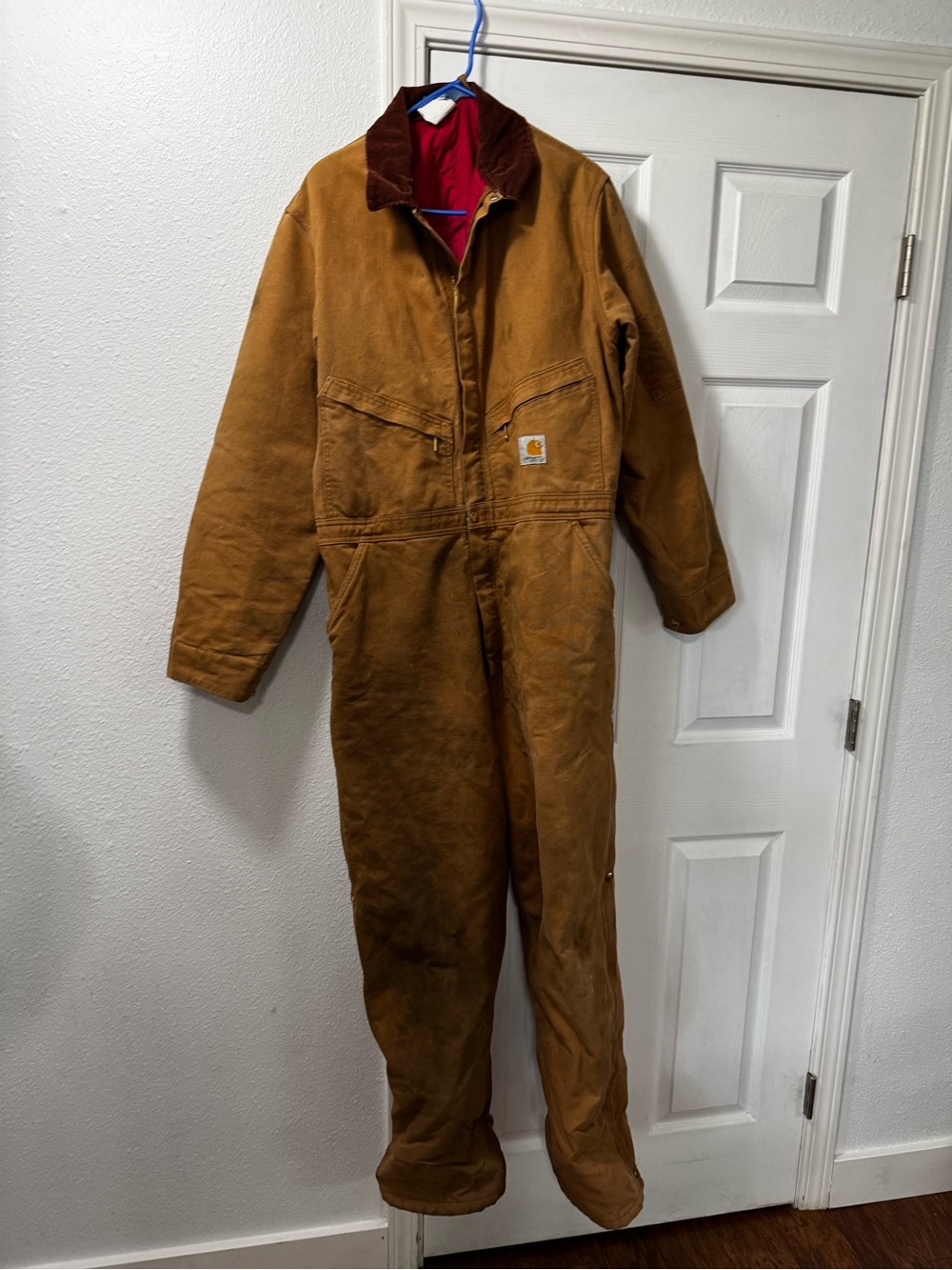 Carhartt Brown Duck Coverall Jacket Red Quilted Lining and Corduroy Collar